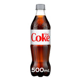 A 500 ml plastic bottle of Diet Coke - Cola with a gray cap and white label featuring the Diet Coke logo, offering a refreshing, zero-sugar taste.
